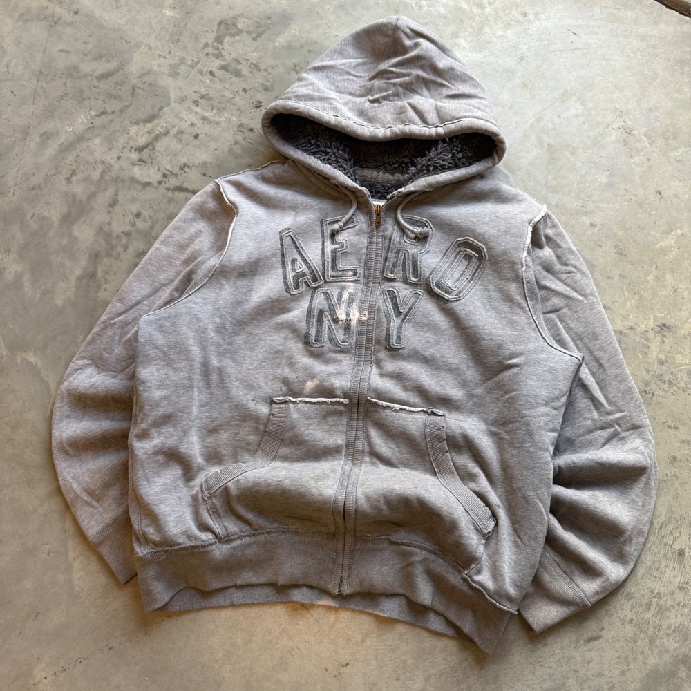 Aeropostale Mens Gray Sherpa Lined Full Zip Hoodie Aero NY Distressed XL